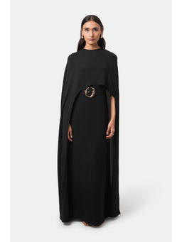 BEYOND - Womens Viscose Solid Black Dress With Cape And Belt