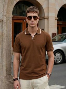 Nobero - Brown Pure Cotton Solid Polo T-Shirt