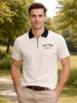 Nobero - White Pure Cotton Typography Polo T-Shirt