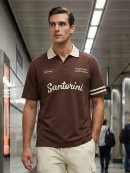 Nobero - Brown Pure Cotton Typography Polo T-Shirt