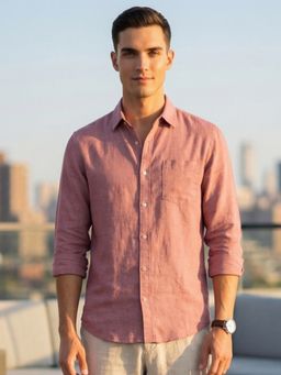 Nobero - Pink Cotton Linen Solid Shirt