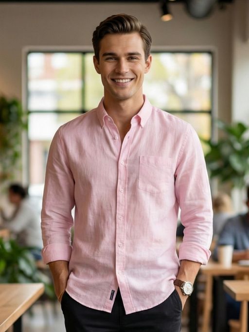 Nobero Pink Cotton Linen Solid Shirt