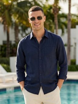 Nobero - Blue Cotton Linen Solid Shirt