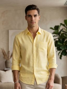 Nobero - Yellow Cotton Linen Solid Shirt