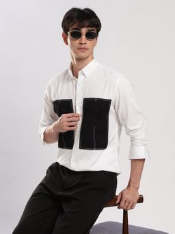 MR BUTTON - White Twill Self Design Shirt