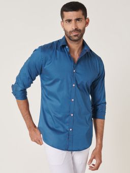 MR BUTTON - Blue Cotton Satin Solid Shirt