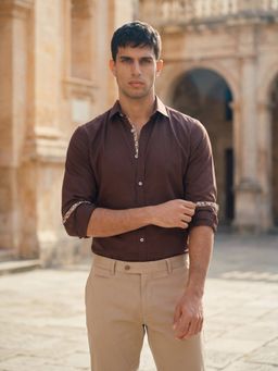 MR BUTTON - Brown Cotton Satin Solid Shirt
