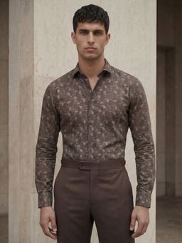 MR BUTTON - Brown Cotton Linen Floral Shirt