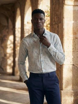MR BUTTON - Blue Cotton Linen Floral Shirt