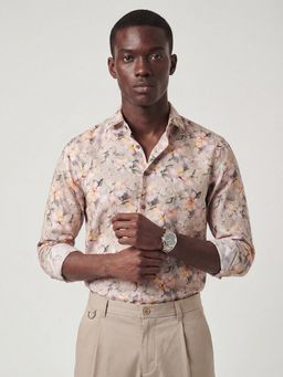 MR BUTTON - Beige Cotton Linen Floral Shirt