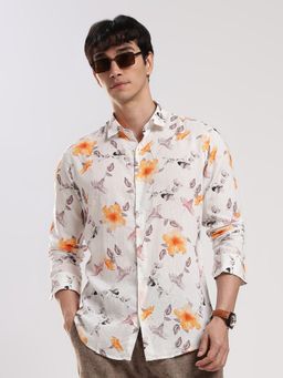MR BUTTON - White Cotton Linen Floral Shirt