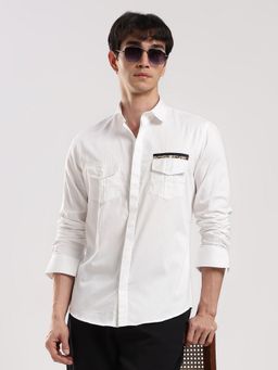 MR BUTTON - White Cotton Satin Solid Shirt