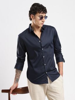 MR BUTTON - Blue Cotton Satin Solid Shirt