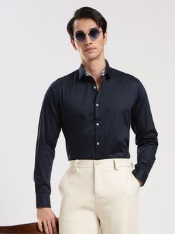 MR BUTTON - Blue Cotton Satin Solid Shirt