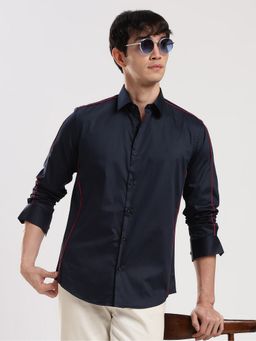 MR BUTTON - Blue Cotton Satin Solid Shirt