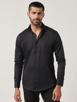 MR BUTTON - Black Cotton Satin Solid Shirt
