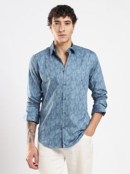 MR BUTTON - Blue Cotton Satin Geometric Shirt
