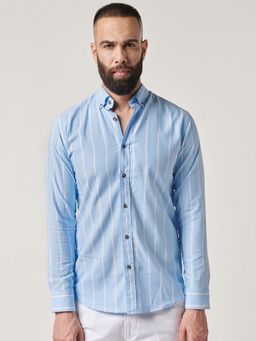 MR BUTTON - Blue Cotton Flex Stripes Shirt