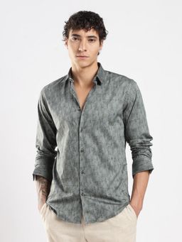 MR BUTTON - Green Cotton Satin Geometric Shirt