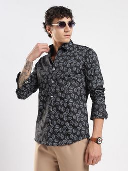 MR BUTTON - Black Cotton Satin Floral Shirt