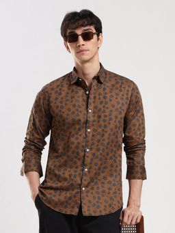 MR BUTTON - Khaki Cotton Satin Floral Shirt