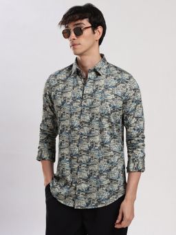 MR BUTTON - Grey Cotton Satin Abstract Shirt