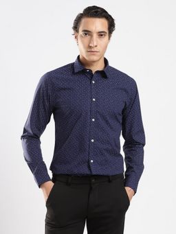 MR BUTTON - Navy Blue Cotton Printed Shirt