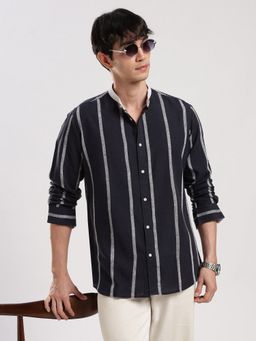 MR BUTTON - Blue Cotton Linen Stripes Shirt