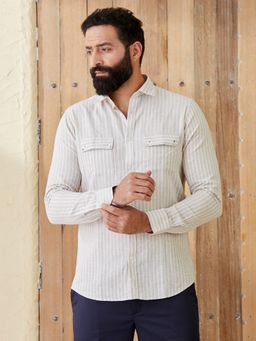 MR BUTTON - Beige Cotton Linen Stripes Shirt