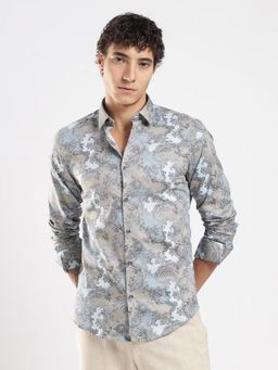 MR BUTTON - Blue Cotton Satin Printed Shirt