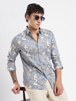 MR BUTTON - Blue Cotton Satin Printed Shirt