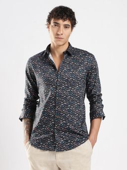 MR BUTTON - Blue Cotton Satin Abstract Shirt