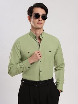 MR BUTTON - Green Cotton Blend Solid Shirt