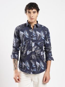 MR BUTTON - Blue Cotton Satin Printed Shirt