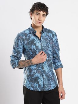 MR BUTTON - Blue Cotton Satin Abstract Shirt