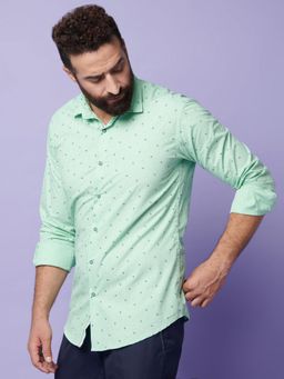 MR BUTTON - Green Cotton Geometric Shirt