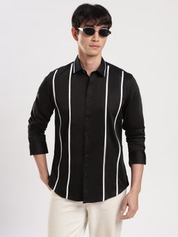 MR BUTTON - Black Cotton Stripes Shirt
