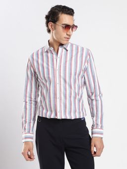 MR BUTTON - White Cotton Linen Stripes Shirt
