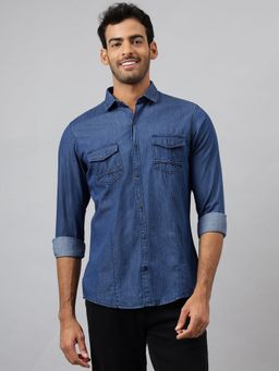MR BUTTON - Blue Cotton Tencel Spandex Solid Shirt