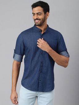 MR BUTTON - Blue Cotton Tencel Spandex Solid Shirt