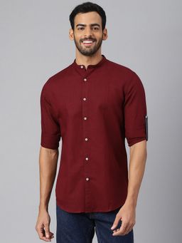 MR BUTTON - Maroon Cotton Linen Solid Shirt