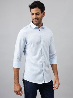 MR BUTTON - Blue Cotton Linen Solid Shirt