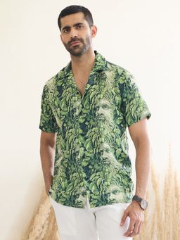 MR BUTTON - Green Cotton Satin Graphic Shirt