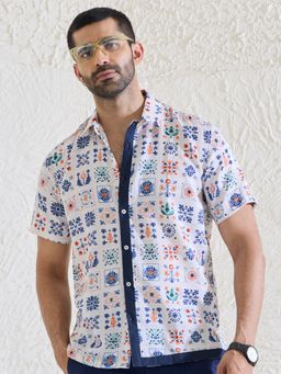 MR BUTTON - White Cotton Satin Geometric Shirt