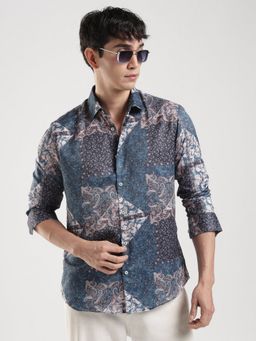 MR BUTTON - Blue Cotton Satin Paisley Shirt