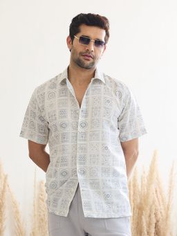 MR BUTTON - White Cotton Satin Geometric Shirt