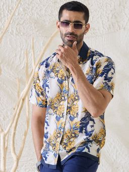 MR BUTTON - Beige Cotton Satin Graphic Shirt