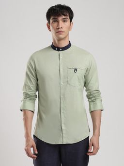 MR BUTTON - Green Cotton Linen Solid Shirt