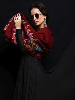 Libas - Maroon Floral Woven Design Shawl