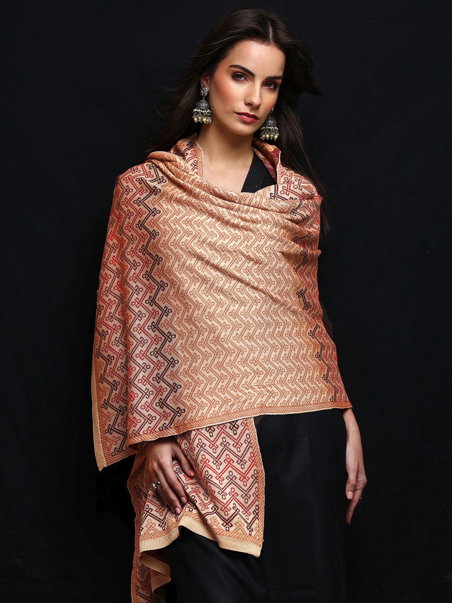 libas Peach Geometric Woven Design Shawl-picture-39